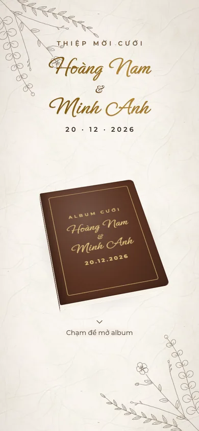 Bìa mẫu thiệp Album Cưới: album cưới bìa da mở ra, từng trang lật qua gáy tới trang mời