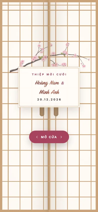 Bìa mẫu thiệp Anh Đào: cửa giấy shoji kéo mở
