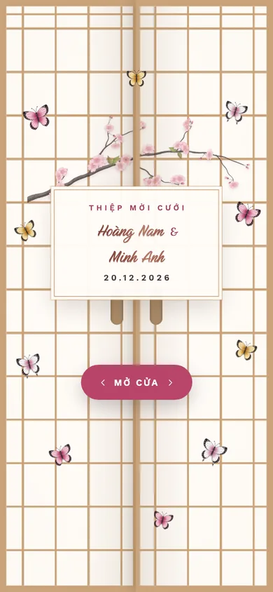 Bìa mẫu thiệp Anh Đào Bướm: bướm đậu trên cửa giấy, kéo cửa là hoa anh đào và bướm bay ngập