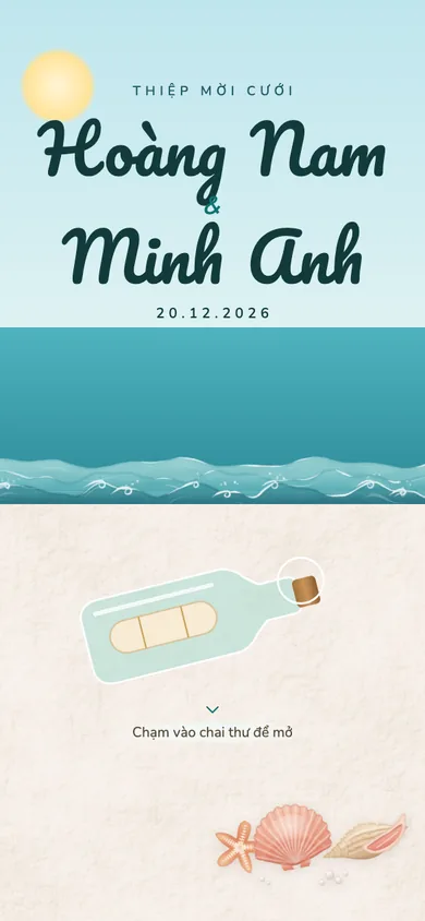 Bìa mẫu thiệp Biển Vui: lá thư trong chai dạt vào bãi cát vui nhộn