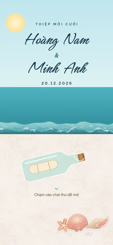 Bìa mẫu thiệp Biển Xanh: thư trong chai dạt vào bờ
