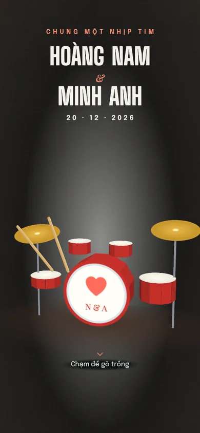 Bìa mẫu thiệp Bộ Trống: bộ trống jazz in tên hai bạn, chạm là dùi gõ, chũm chọe rung, nốt nhạc bung ra