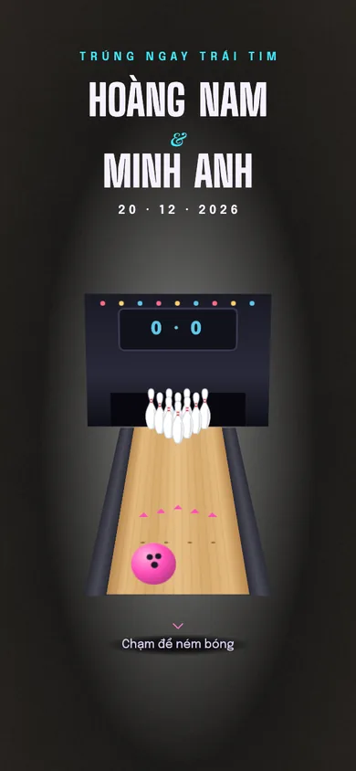 Bìa mẫu thiệp Bowling: đường lăn bowling và mười con ky, chạm là bóng lăn tới, ky đổ hết, bảng điểm hiện trái tim