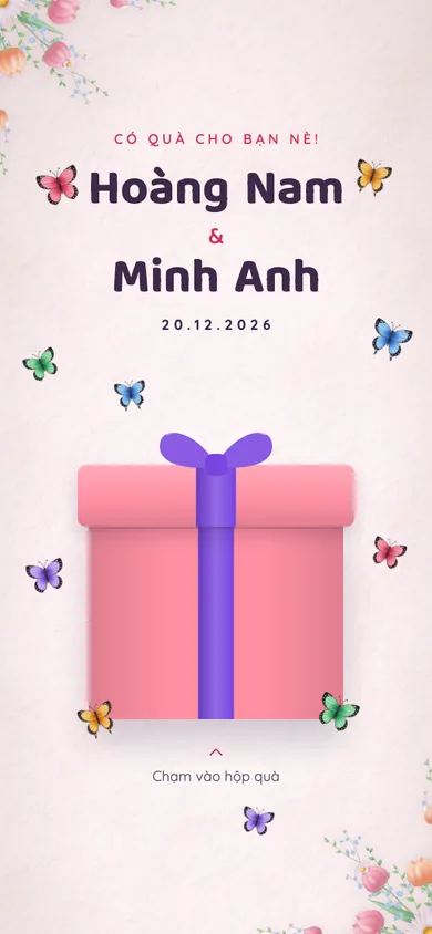 Bìa mẫu thiệp Bướm Cầu Vồng: bướm bảy sắc quanh hộp quà, chạm là nắp bật và bướm cầu vồng bay tung