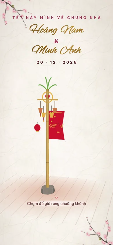 Bìa mẫu thiệp Cây Nêu: cây nêu ngày Tết treo chuông khánh, chạm là gió thổi leng keng, đèn lồng sáng