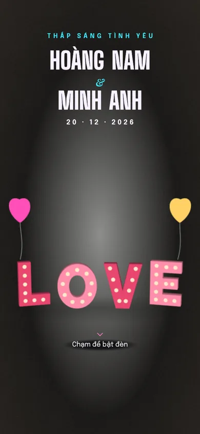 Bìa mẫu thiệp Chữ LOVE: bốn chữ LOVE kết bóng đèn, chạm là từng chữ bừng sáng