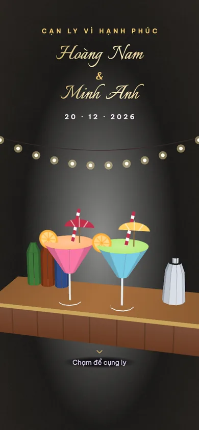 Bìa mẫu thiệp Cocktail: quầy bar hai ly cocktail nhiệt đới, chạm là bình lắc rung, hai ly cụng nhau