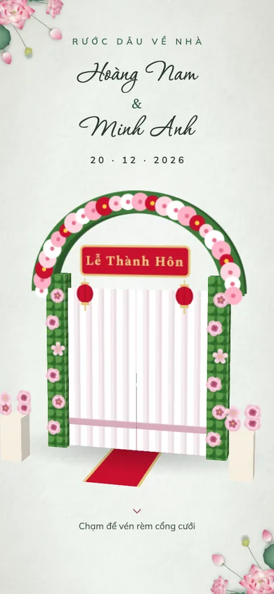 Bìa mẫu thiệp Cổng Hoa Cưới: cổng hoa cưới kiểu Việt, biển Lễ Thành Hôn, chạm là rèm voan vén, hai bạn cuối thảm đỏ