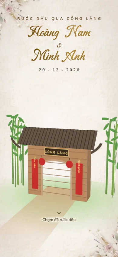 Bìa mẫu thiệp Cổng Làng: cổng làng mái ngói rêu phong, chạm là đèn lồng sáng, đoàn rước dâu đi qua cổng
