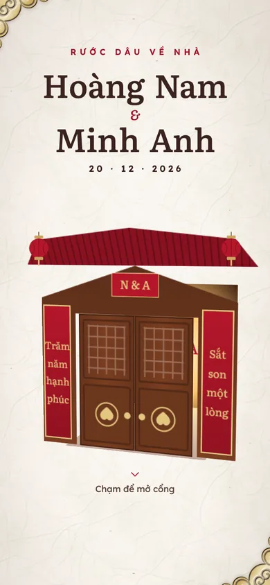 Bìa mẫu thiệp Cổng Nhà Gỗ: cổng gỗ có câu đối, chạm là cổng mở vào sân sáng đèn