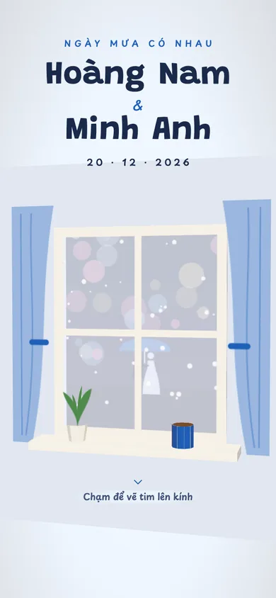 Bìa mẫu thiệp Cửa Sổ Mưa: cửa sổ kính mờ hơi nước ngày mưa, chạm là trái tim hiện trên kính, lộ hai bạn dưới ô