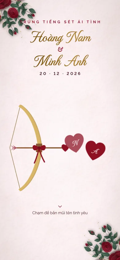 Bìa mẫu thiệp Cung Tên Cupid: cung vàng buộc nơ nhắm hai trái tim, chạm là tên bay xuyên tim, hai tim xích lại