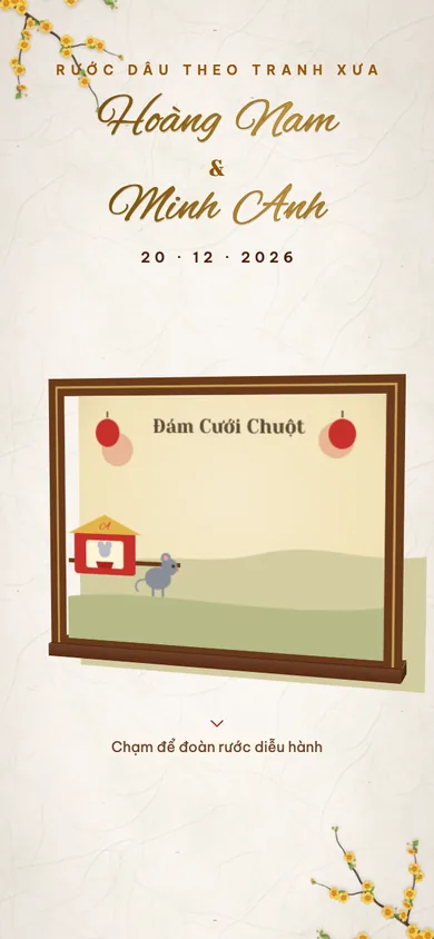 Bìa mẫu thiệp Đám Cưới Chuột: khung tranh dân gian đoàn chuột rước dâu, chạm là đoàn rước diễu hành qua tranh