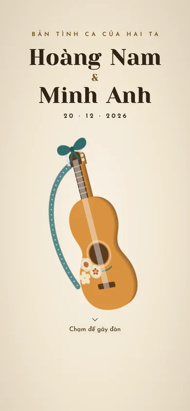 Bìa mẫu thiệp Đàn Guitar: đàn guitar gỗ thắt nơ, chạm là dây đàn rung, nốt nhạc bay