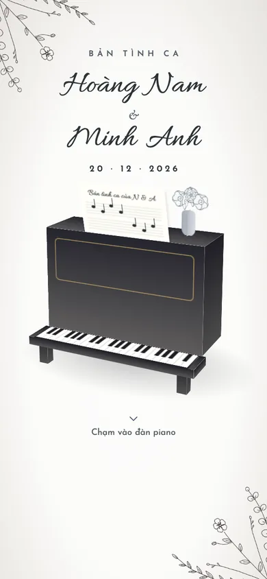 Bìa mẫu thiệp Đàn Piano: đàn piano đen bóng, chạm là nắp phím mở, nốt nhạc bay