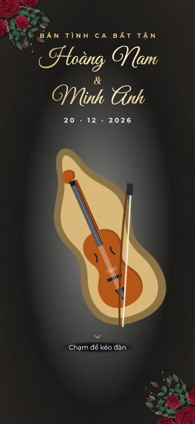 Bìa mẫu thiệp Đàn Violin: đàn violin trong hộp nhung, chạm là vĩ kéo qua dây, nốt nhạc bay