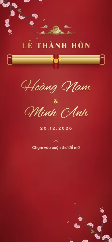 Bìa mẫu thiệp Đào Mai: cuộn thư đỏ mở xuống, cành đào nở rộ