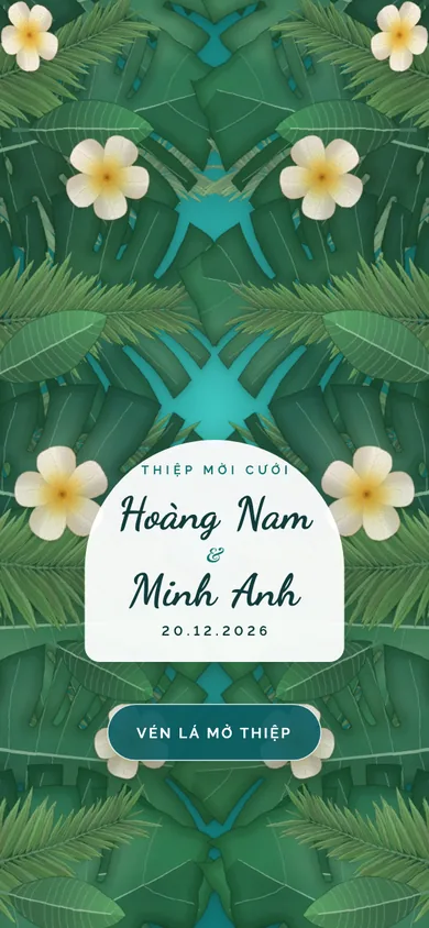 Bìa mẫu thiệp Đảo Xanh: tán lá nhiệt đới vén ra trước biển ngọc