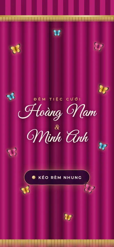 Bìa mẫu thiệp Đêm Hội: rèm nhung hồng sen kéo mở, bướm và pháo sáng bay rợp