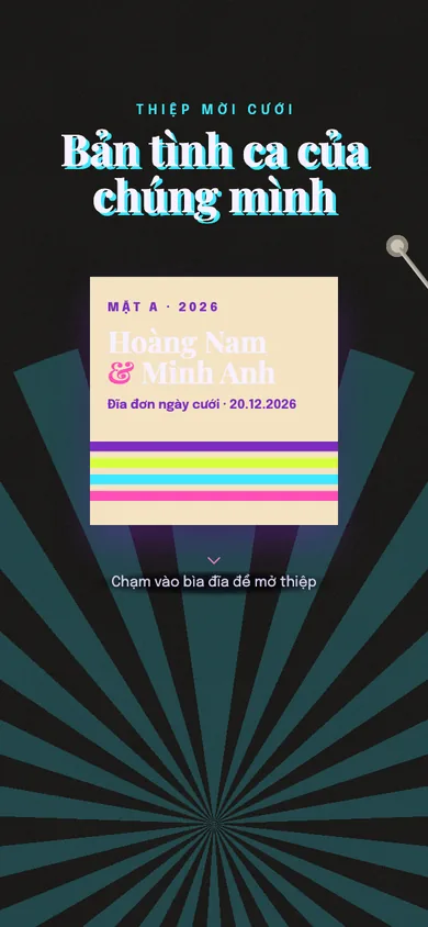Bìa mẫu thiệp Đêm Neon: đĩa than trượt khỏi bìa và quay giữa đèn neon