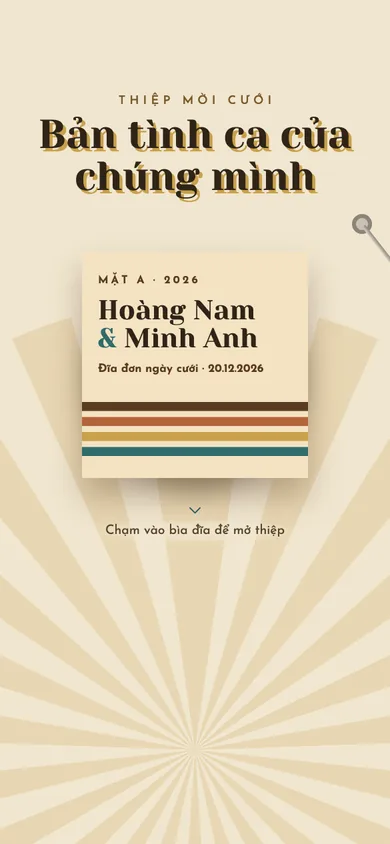 Bìa mẫu thiệp Đĩa Than Xưa: đĩa than sọc mù tạt trượt ra quay, kim máy hát hạ xuống