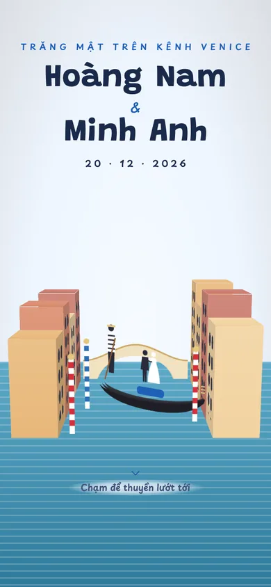 Bìa mẫu thiệp Gondola: kênh nước Venice, chạm là thuyền gondola chở đôi uyên ương lướt tới