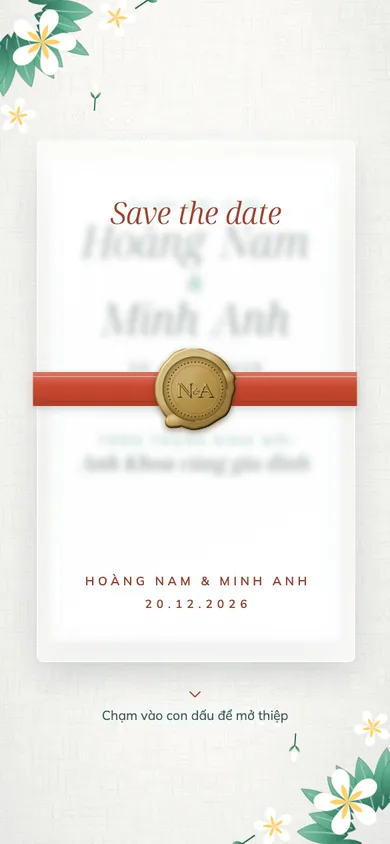 Bìa mẫu thiệp Hoa Sứ: giấy can buộc ruy băng san hô, hoa sứ trắng