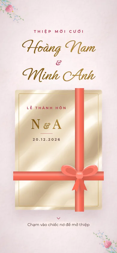 Bìa mẫu thiệp Hoàng Hôn: bìa lụa buộc nơ san hô, tháo nơ là mở
