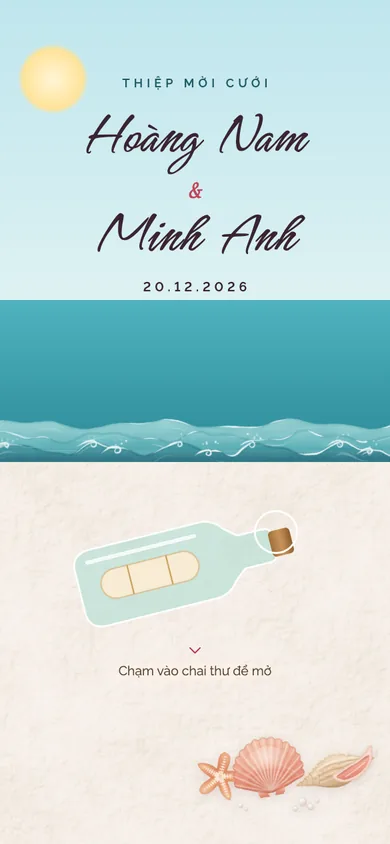 Bìa mẫu thiệp Hoàng Hôn Biển: lá thư trong chai dạt vào bờ lúc hoàng hôn