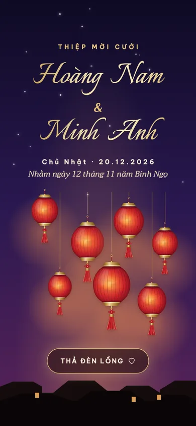 Bìa mẫu thiệp Hội Đèn: đèn lồng bay lên giữa trời đêm tím