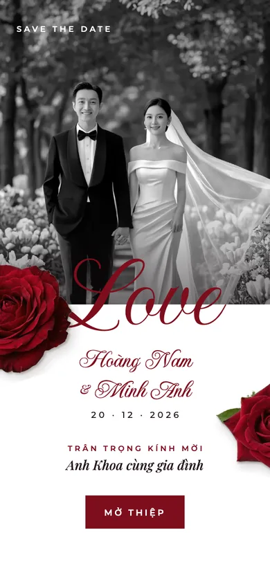 Bìa mẫu thiệp Hồng Nhung Đỏ: ảnh đen trắng, chữ Love viết tay, hồng nhung đỏ