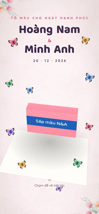 Bìa mẫu thiệp Hộp Bút Màu: hộp sáp màu trên giấy vẽ, chạm là bút nhô lên, vẽ trái tim và tên hai bạn