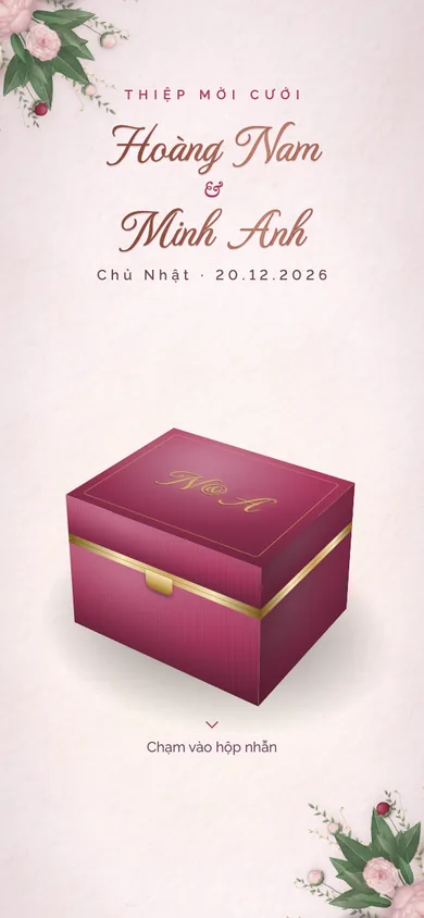 Bìa mẫu thiệp Hộp Nhẫn Hồng: hộp nhẫn nhung hồng ngọc xoay 3D, nắp bật giữa hoa mẫu đơn