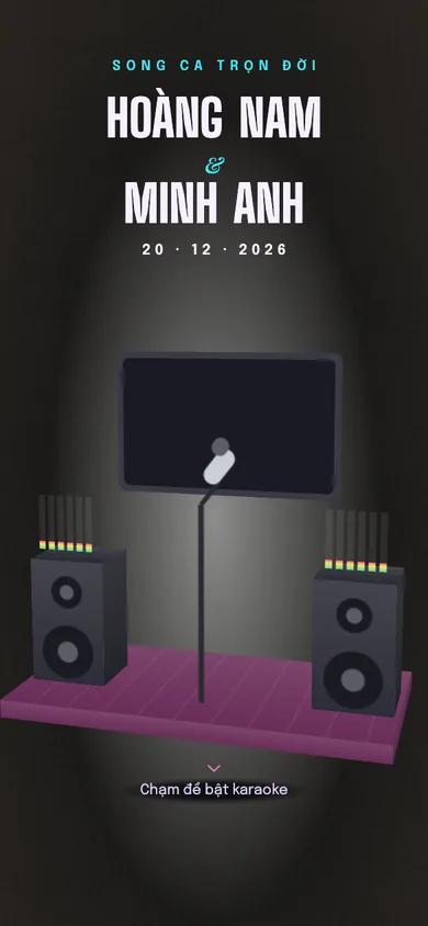Bìa mẫu thiệp Karaoke: sân khấu karaoke có micro và loa, chạm là đèn rọi, cột âm lượng nhảy, bài hát ngày cưới