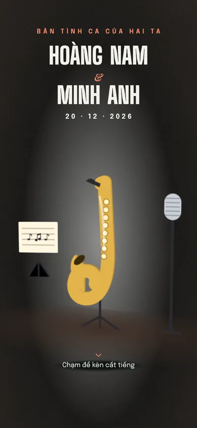 Bìa mẫu thiệp Kèn Saxophone: kèn saxophone trên sân khấu jazz, chạm là đèn rọi, nốt nhạc và trái tim tuôn ra