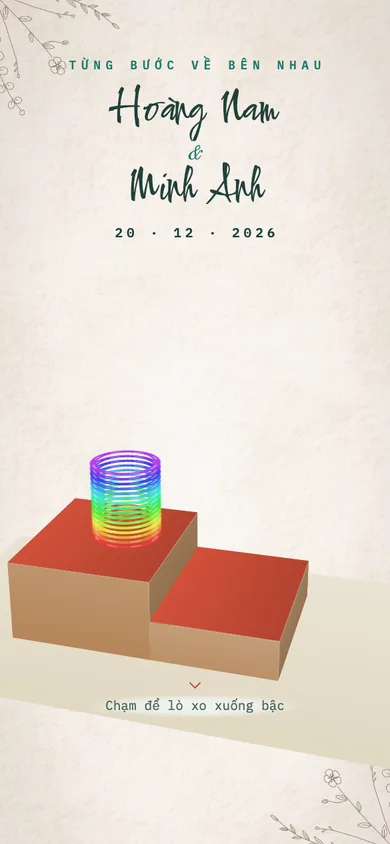 Bìa mẫu thiệp Lò Xo Bảy Màu: lò xo bảy màu trên bậc thang, chạm là lò xo lật từng vòng xuống bậc dưới, trái tim bật lên trên đỉnh