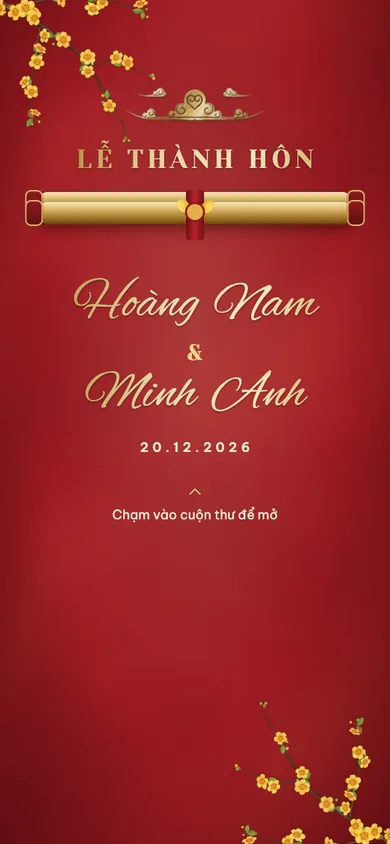 Bìa mẫu thiệp Mai Vàng: cuộn thư mở dần