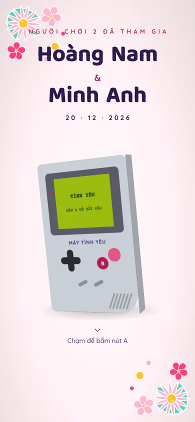 Bìa mẫu thiệp Máy Chơi Game: máy chơi game cầm tay, chạm là nút A nhấn, hai nhân vật điểm ảnh gặp nhau, lên cấp cưới