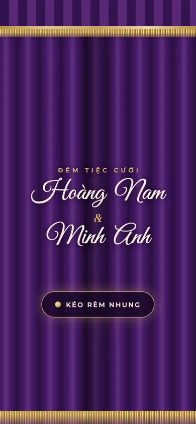 Bìa mẫu thiệp Nhung Tím: rèm nhung tím hoàng gia kéo mở