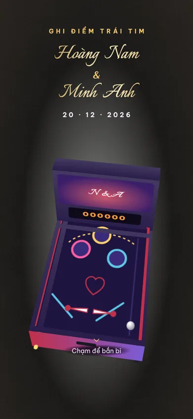 Bìa mẫu thiệp Máy Pinball: máy pinball đèn neon, chạm là bi thép nảy qua các nấm sáng loé, bảng điểm đổi thành trái tim và tên hai bạn