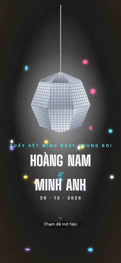 Bìa mẫu thiệp Quả Cầu Disco: quả cầu disco gương, chạm là đèn sân khấu bật