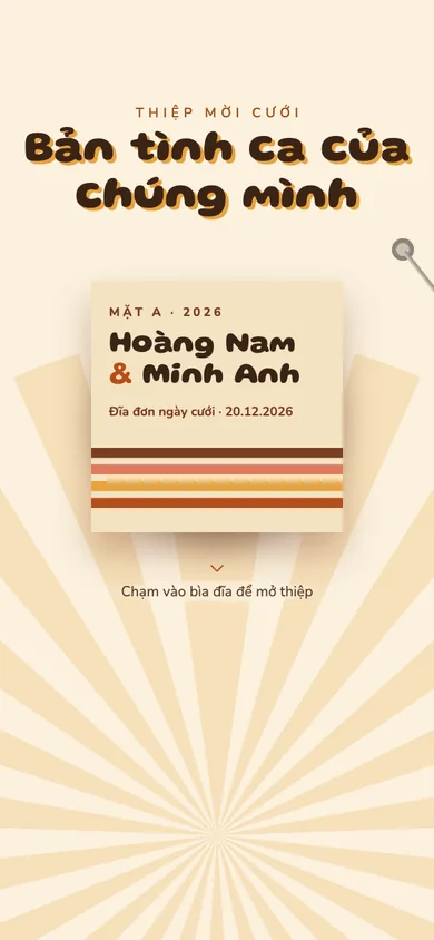 Bìa mẫu thiệp Retro 70s: đĩa than trượt ra và quay