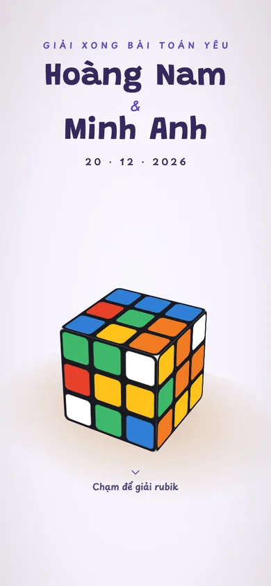 Bìa mẫu thiệp Rubik: khối rubik nhiều màu, chạm là khối xoay lắc rồi lộ mặt toàn một màu có trái tim và tên hai bạn