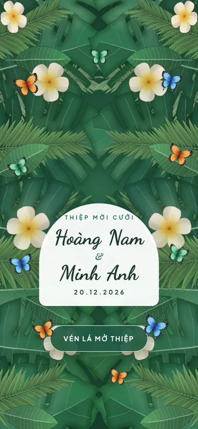 Bìa mẫu thiệp Rừng Bướm: bướm rực rỡ đậu trên tán lá, vén lá là cả rừng bướm tung cánh