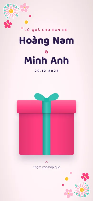 Bìa mẫu thiệp Sắc Màu: hộp quà hồng cánh sen bật nắp, pháo giấy bảy màu