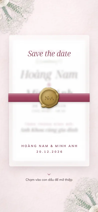 Bìa mẫu thiệp Sương Hồng: giấy can buộc ruy băng hồng tro, con dấu sáp