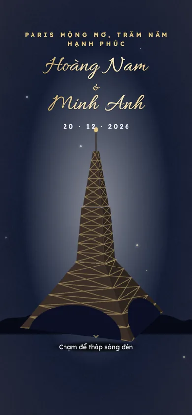 Bìa mẫu thiệp Tháp Eiffel: tháp Eiffel dưới trời đêm, chạm là tháp lấp lánh, pháo hoa nở