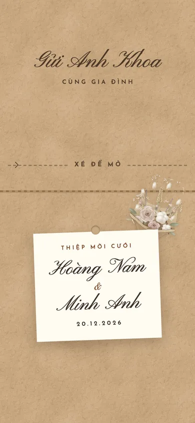 Bìa mẫu thiệp Thư Xưa: phong bì giấy kraft xé theo đường răng cưa