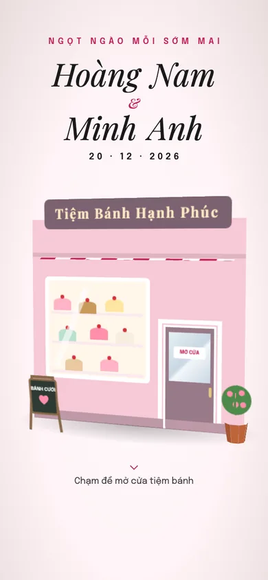 Bìa mẫu thiệp Tiệm Bánh: tiệm bánh hồng phấn, chạm là mái hiên sọc bung ra, đèn sáng, cửa mở lộ hai bạn