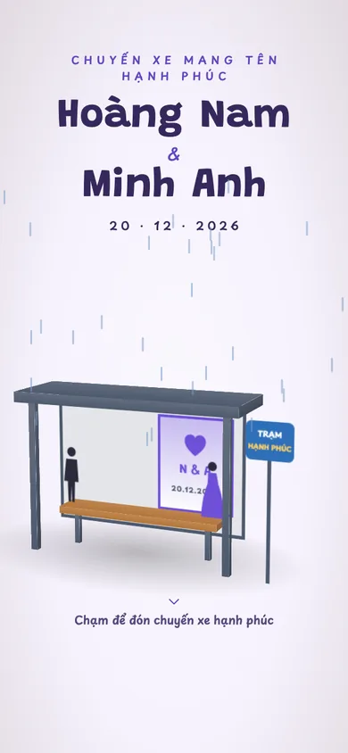 Bìa mẫu thiệp Trạm Xe Buýt: trạm xe buýt dưới mưa, chạm là mưa tạnh, chuyến xe hạnh phúc đến